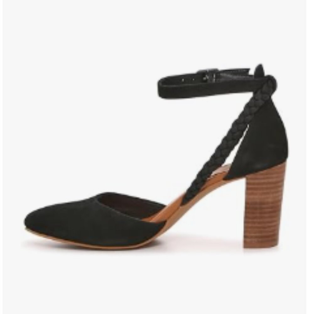 Wansseny Black Round Toe Braided Strap Stacked Chunky Heel Ankle Strap Pumps